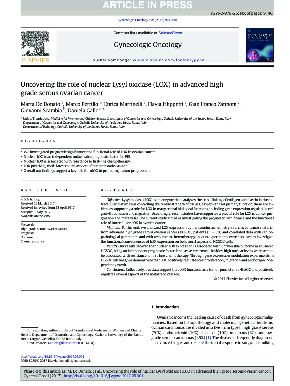 Uncovering the role of nuclear Lysyl oxidase (LOX) in advanced high grade serous ovarian cancer