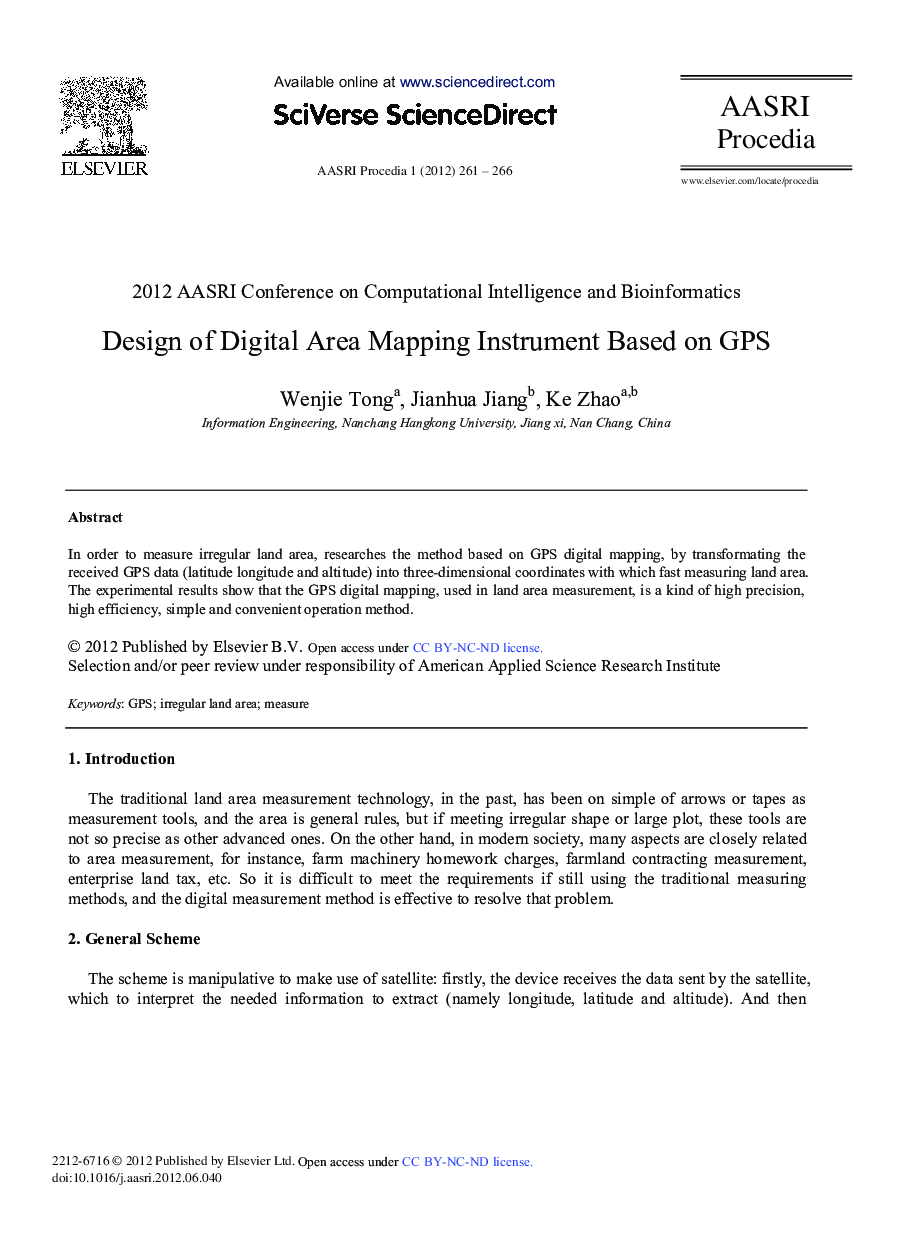 عکس صفحه اول مقاله: Design of Digital Area Mapping Instrument Based on GPS Design of Digital Area Mapping Instrument Based on GPS