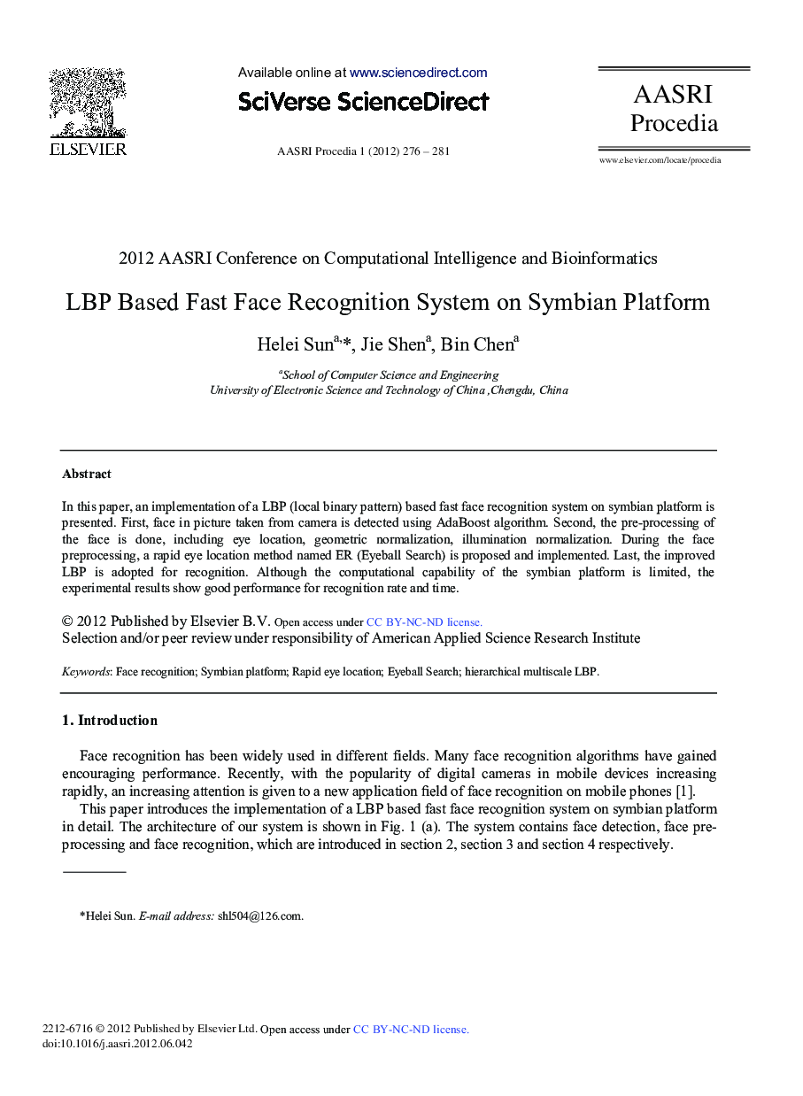 LBP Based Fast Face Recognition System on Symbian Platform