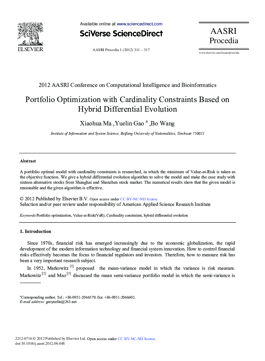 عکس صفحه اول مقاله: Portfolio Optimization with Cardinality Constraints Based on Hybrid Differential Evolution Portfolio Optimization with Cardinality Constraints Based on Hybrid Differential Evolution
