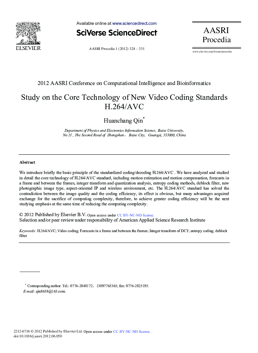 عکس صفحه اول مقاله: Study on the Core Technology of New Video Coding Standards H.264/AVC Study on the Core Technology of New Video Coding Standards H.264/AVC