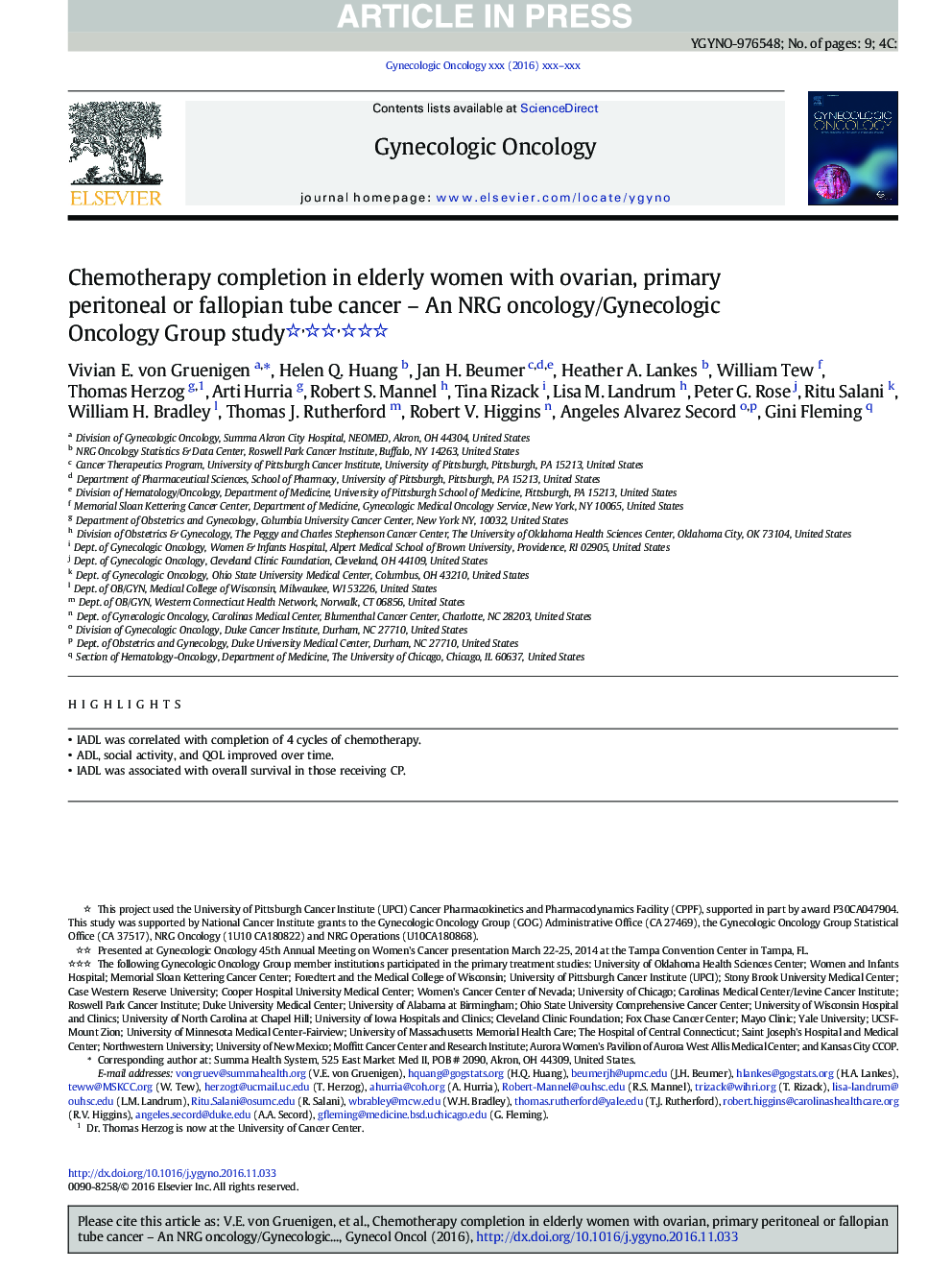 Chemotherapy completion in elderly women with ovarian, primary peritoneal or fallopian tube cancer - An NRG oncology/Gynecologic Oncology Group study
