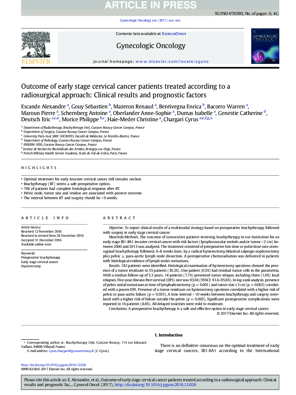 Outcome of early stage cervical cancer patients treated according to a radiosurgical approach: Clinical results and prognostic factors