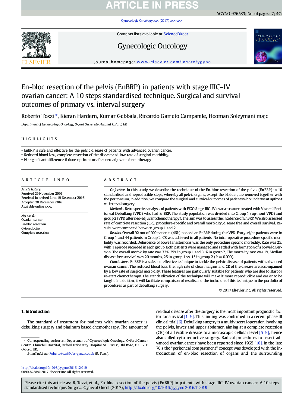 En-bloc resection of the pelvis (EnBRP) in patients with stage IIIC-IV ovarian cancer: A 10 steps standardised technique. Surgical and survival outcomes of primary vs. interval surgery