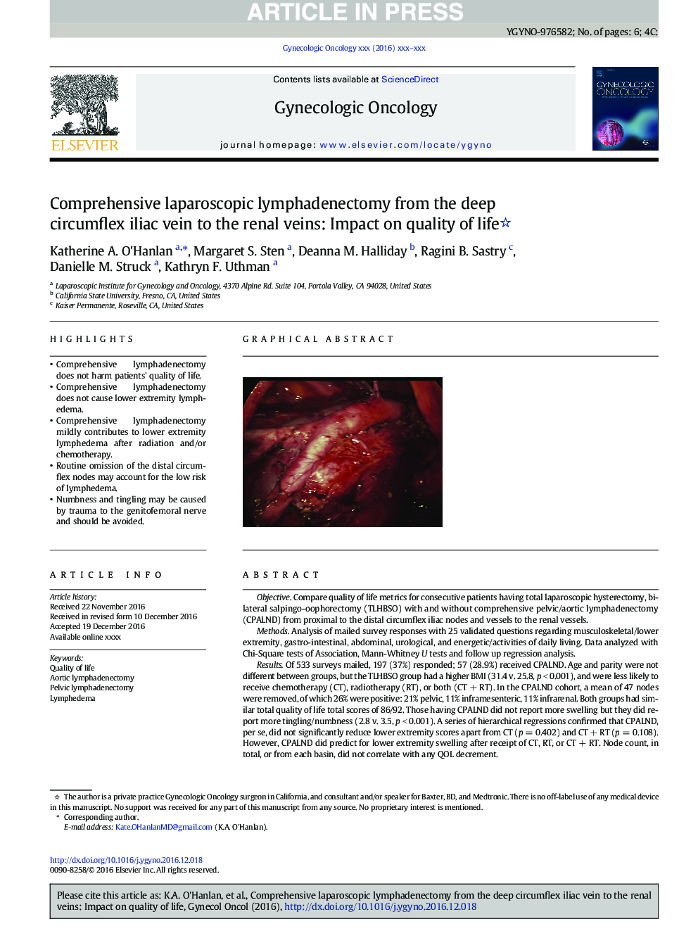 Comprehensive laparoscopic lymphadenectomy from the deep circumflex iliac vein to the renal veins: Impact on quality of life
