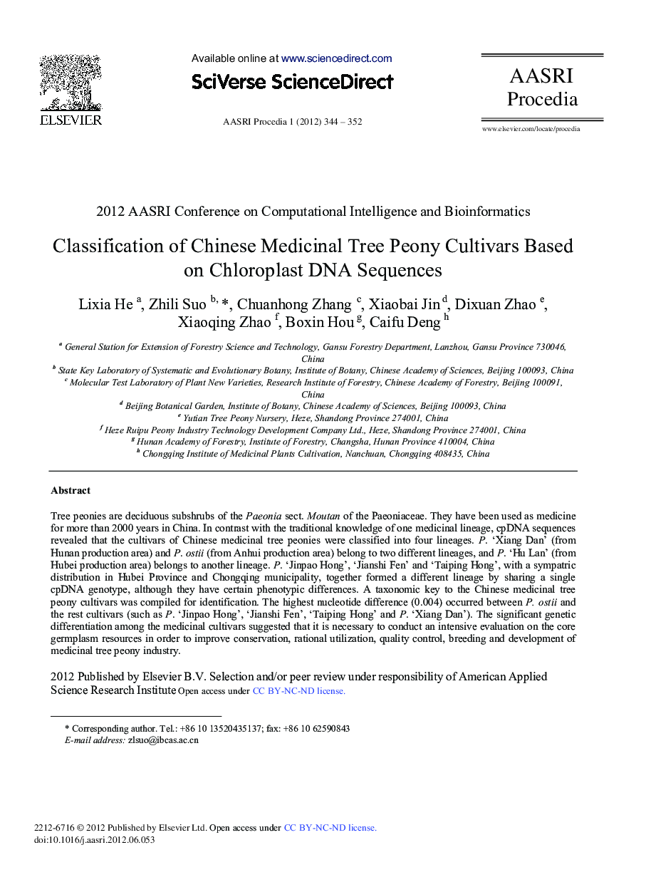 Classification of Chinese Medicinal Tree Peony Cultivars Based on Chloroplast DNA Sequences