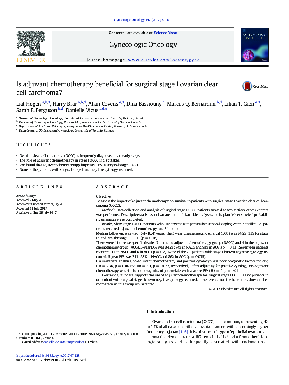 Is adjuvant chemotherapy beneficial for surgical stage I ovarian clear cell carcinoma?