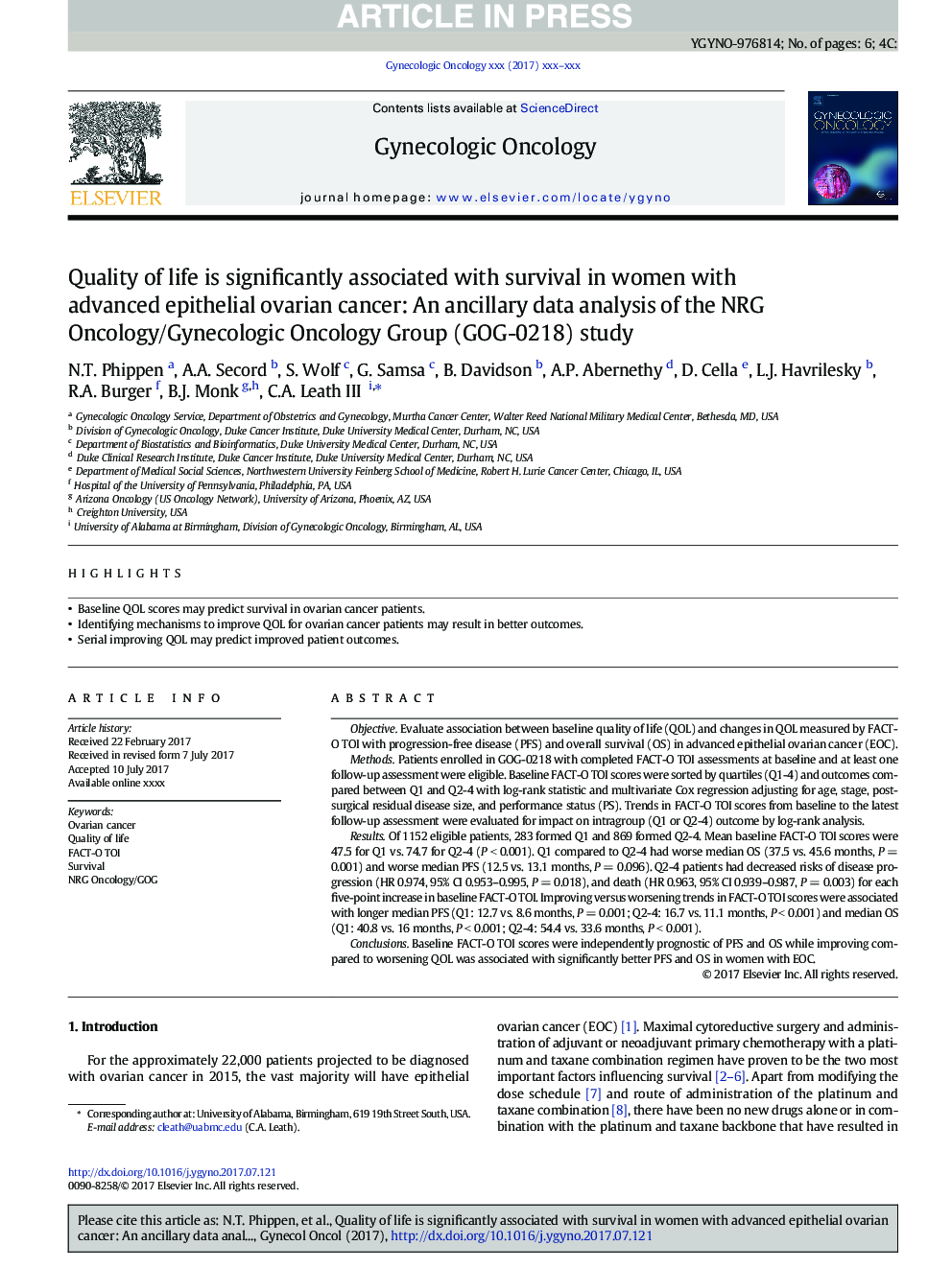 Quality of life is significantly associated with survival in women with advanced epithelial ovarian cancer: An ancillary data analysis of the NRG Oncology/Gynecologic Oncology Group (GOG-0218) study
