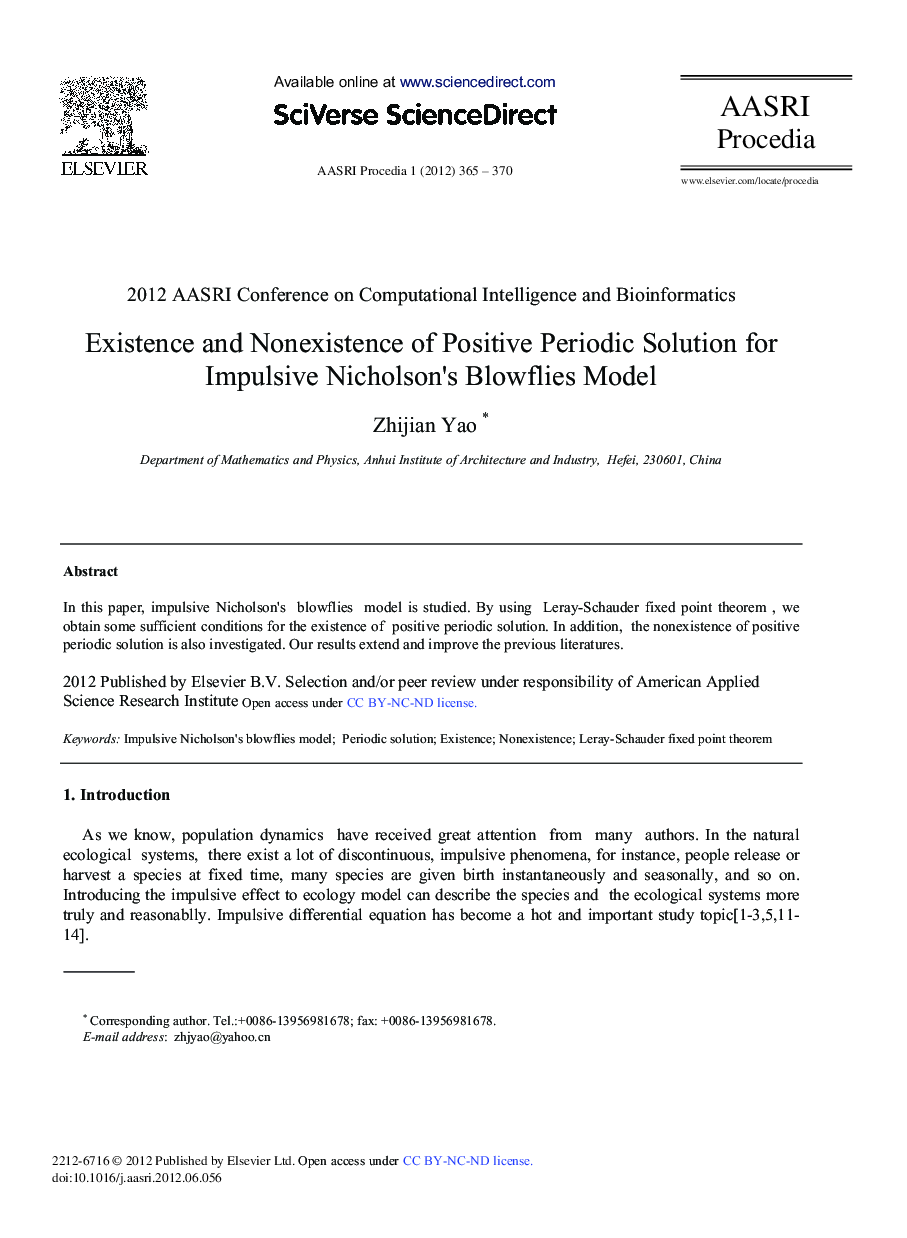 عکس صفحه اول مقاله: Existence and Nonexistence of Positive Periodic Solution for Impulsive Nicholson's Blowflies Model Existence and Nonexistence of Positive Periodic Solution for Impulsive Nicholson's Blowflies Model