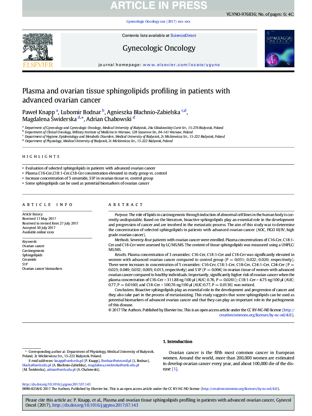 Plasma and ovarian tissue sphingolipids profiling in patients with advanced ovarian cancer