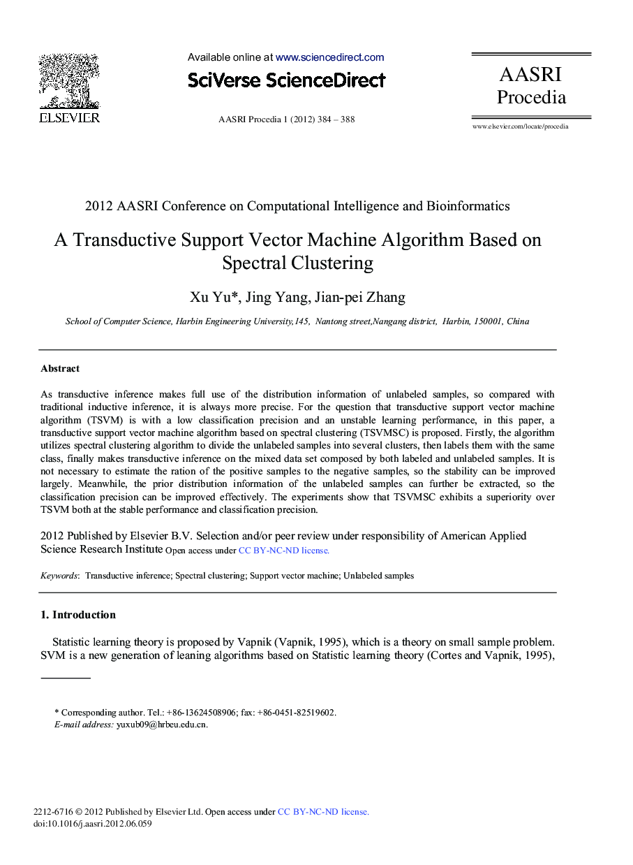 A Transductive Support Vector Machine Algorithm Based on Spectral Clustering