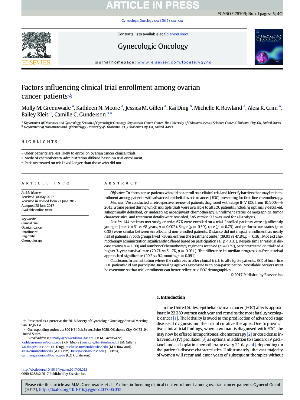 Factors influencing clinical trial enrollment among ovarian cancer patients