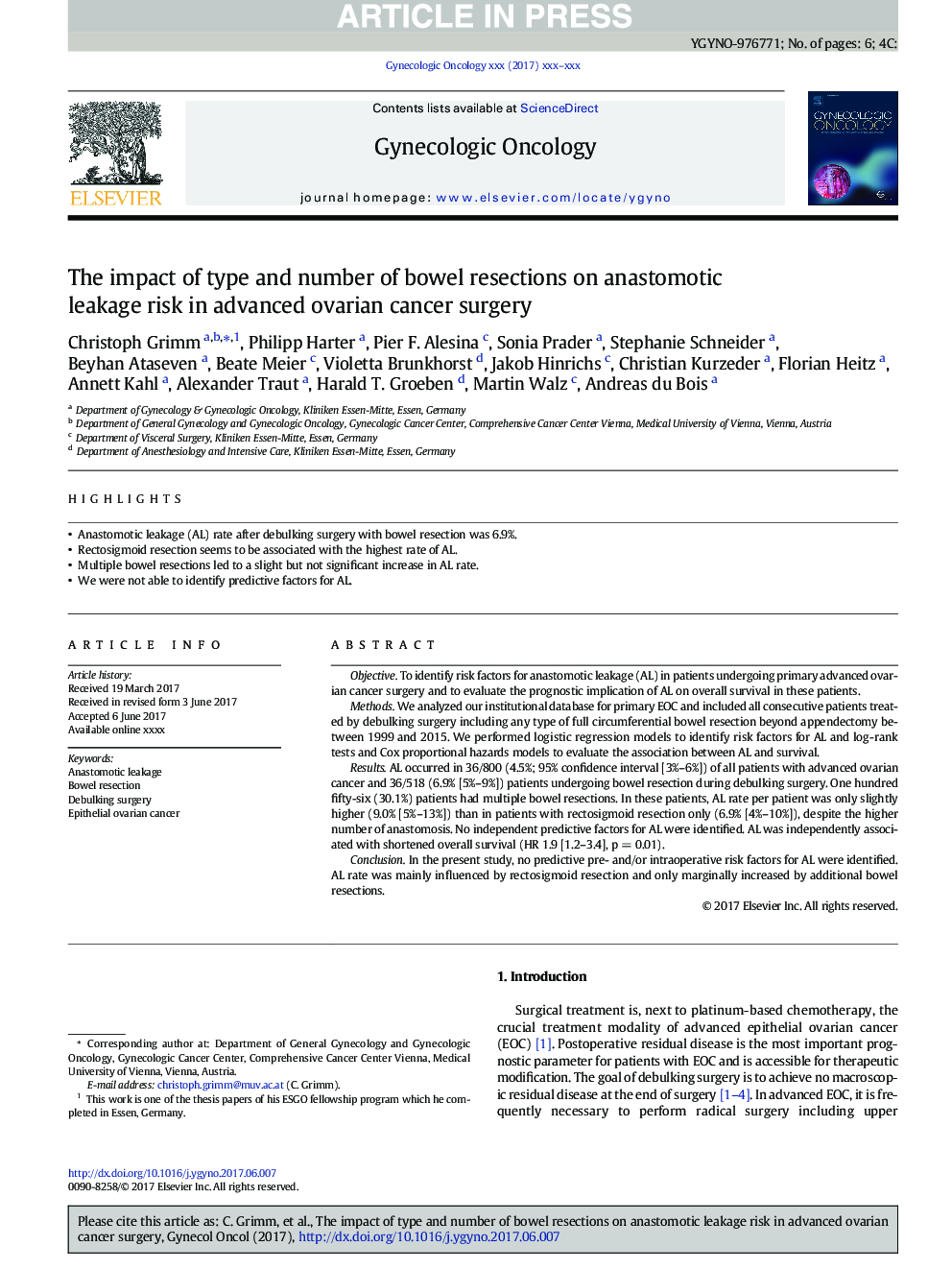 The impact of type and number of bowel resections on anastomotic leakage risk in advanced ovarian cancer surgery