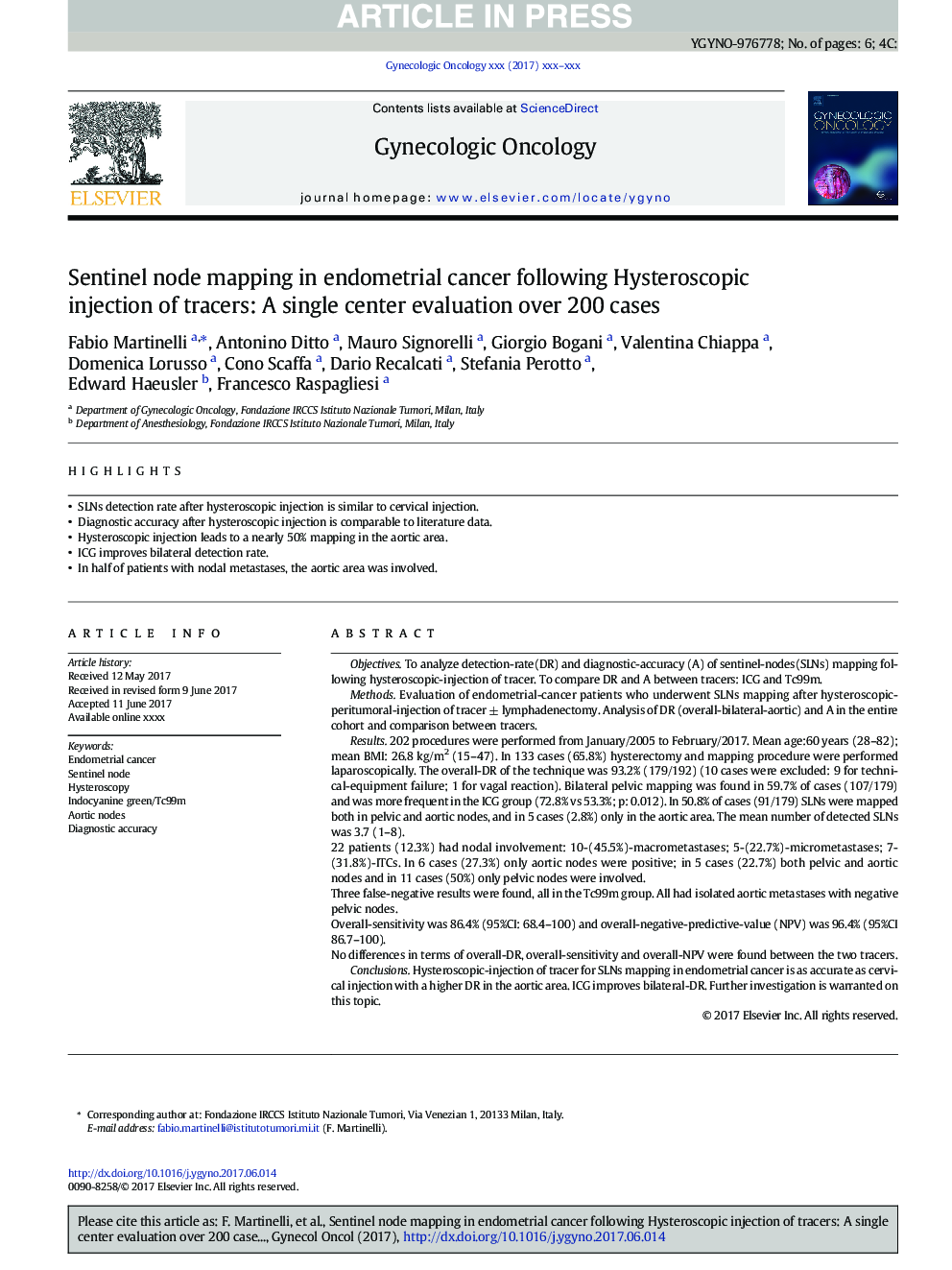 Sentinel node mapping in endometrial cancer following Hysteroscopic injection of tracers: A single center evaluation over 200 cases