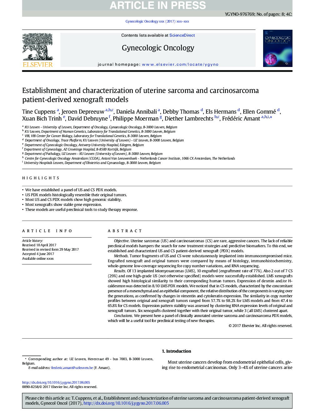 Establishment and characterization of uterine sarcoma and carcinosarcoma patient-derived xenograft models