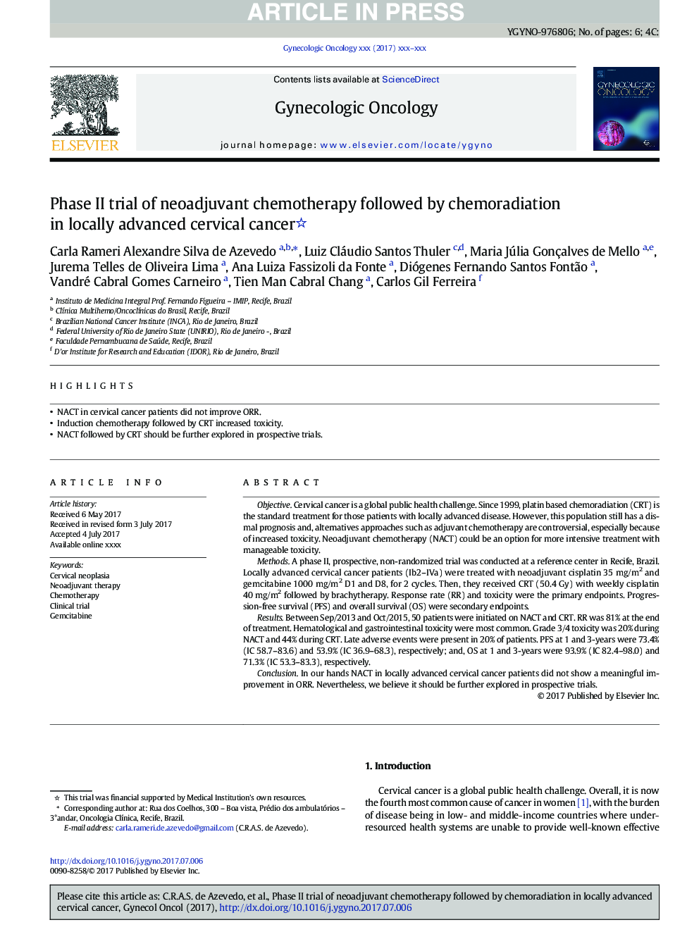 Phase II trial of neoadjuvant chemotherapy followed by chemoradiation in locally advanced cervical cancer