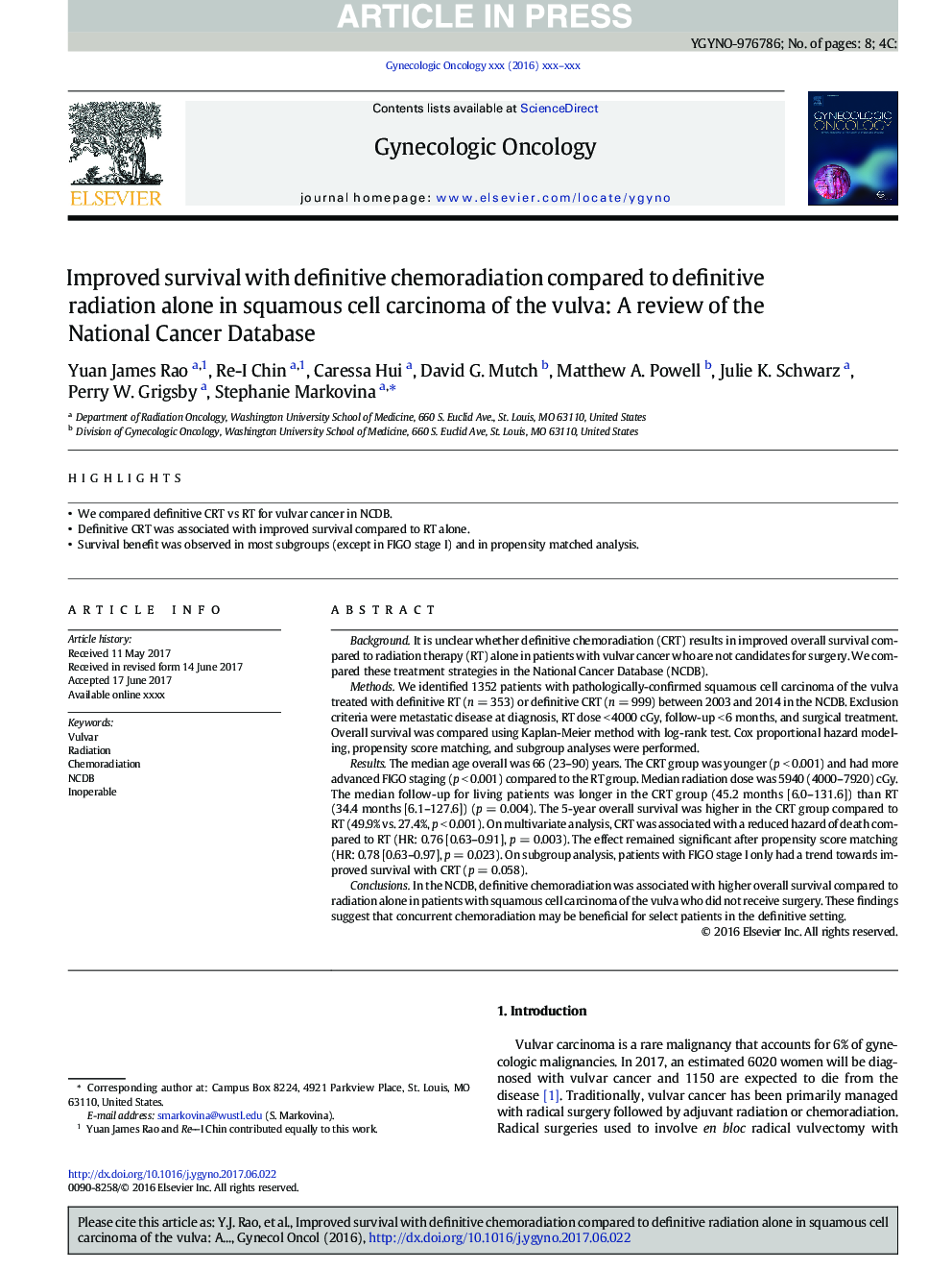 بقای بهبود یافته با تغییر شیمیایی قطعی در مقایسه با تشخیص قطعی به تنهایی در کارسینوم سلول سنگفرشی ولو: بررسی پایگاه ملی سرطان 