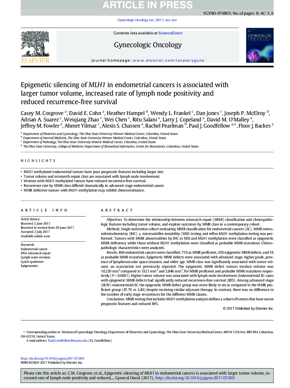 Epigenetic silencing of MLH1 in endometrial cancers is associated with larger tumor volume, increased rate of lymph node positivity and reduced recurrence-free survival