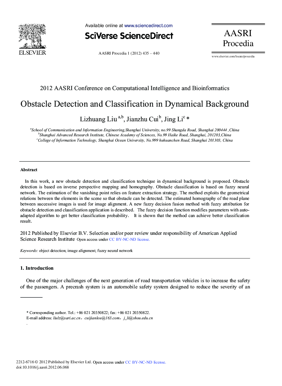 عکس صفحه اول مقاله: Obstacle Detection and Classification in Dynamical Background Obstacle Detection and Classification in Dynamical Background