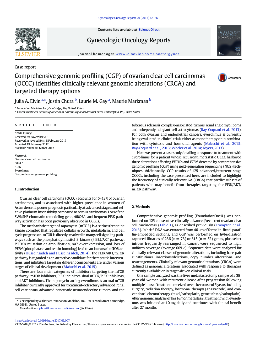 Comprehensive genomic profiling (CGP) of ovarian clear cell carcinomas (OCCC) identifies clinically relevant genomic alterations (CRGA) and targeted therapy options