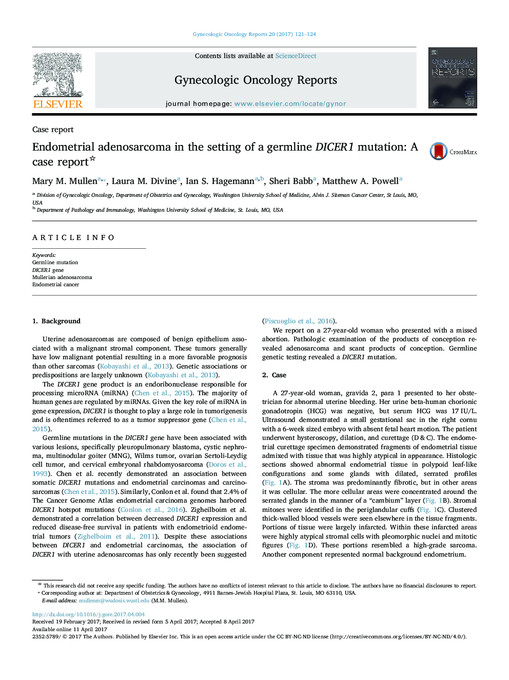 Endometrial adenosarcoma in the setting of a germline DICER1 mutation: A case report