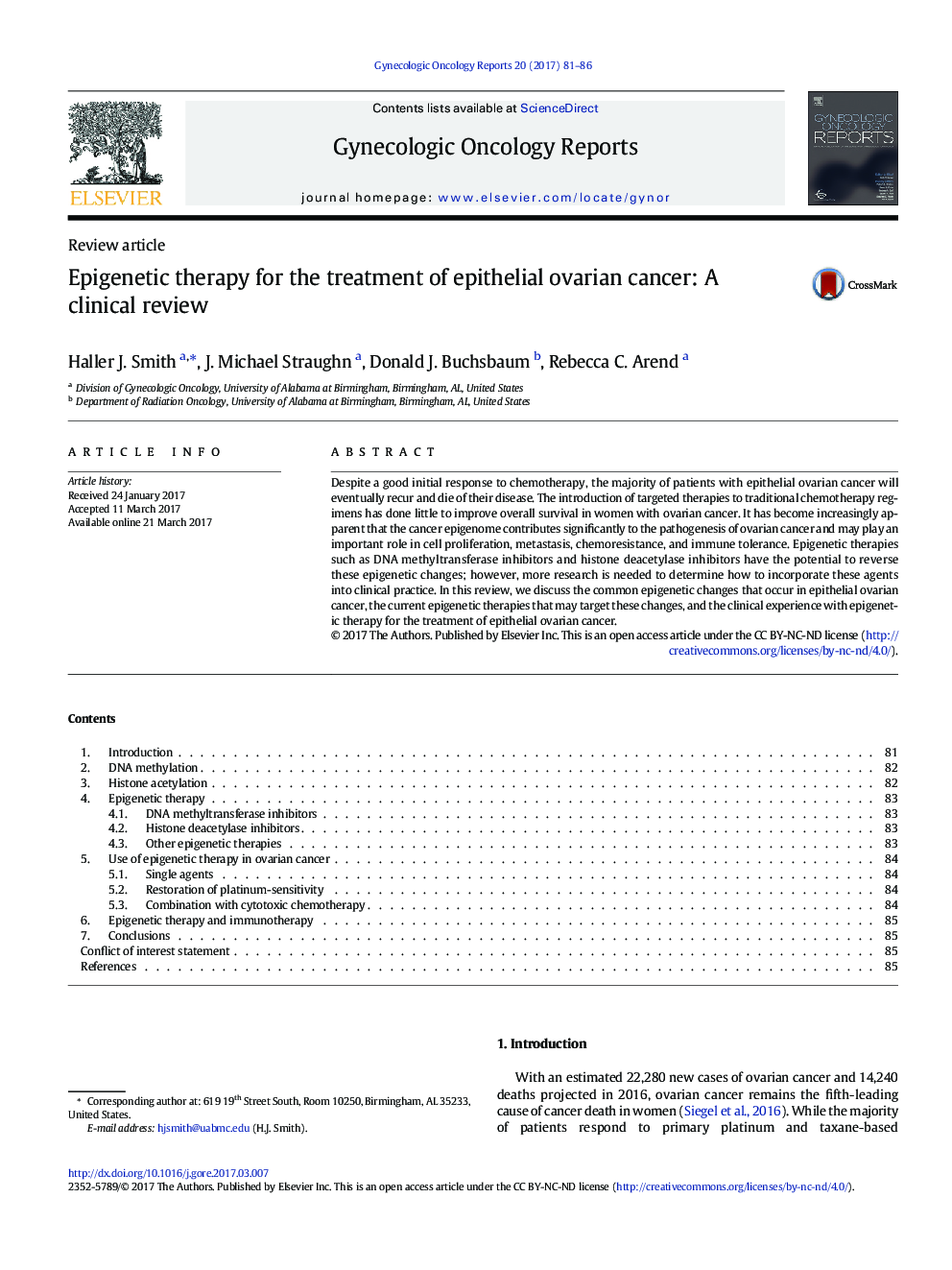 Epigenetic therapy for the treatment of epithelial ovarian cancer: A clinical review