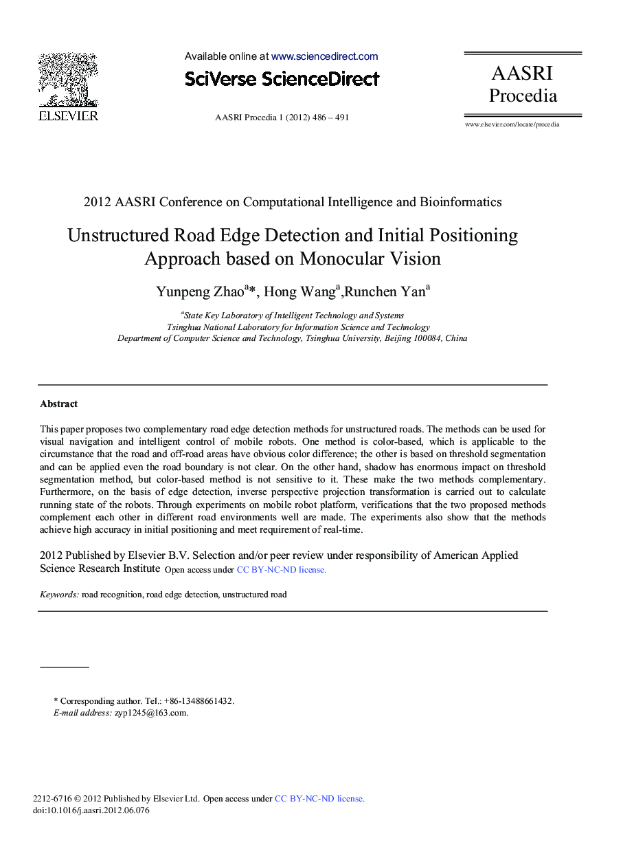 عکس صفحه اول مقاله: Unstructured Road Edge Detection and Initial Positioning Approach based on Monocular Vision Unstructured Road Edge Detection and Initial Positioning Approach based on Monocular Vision