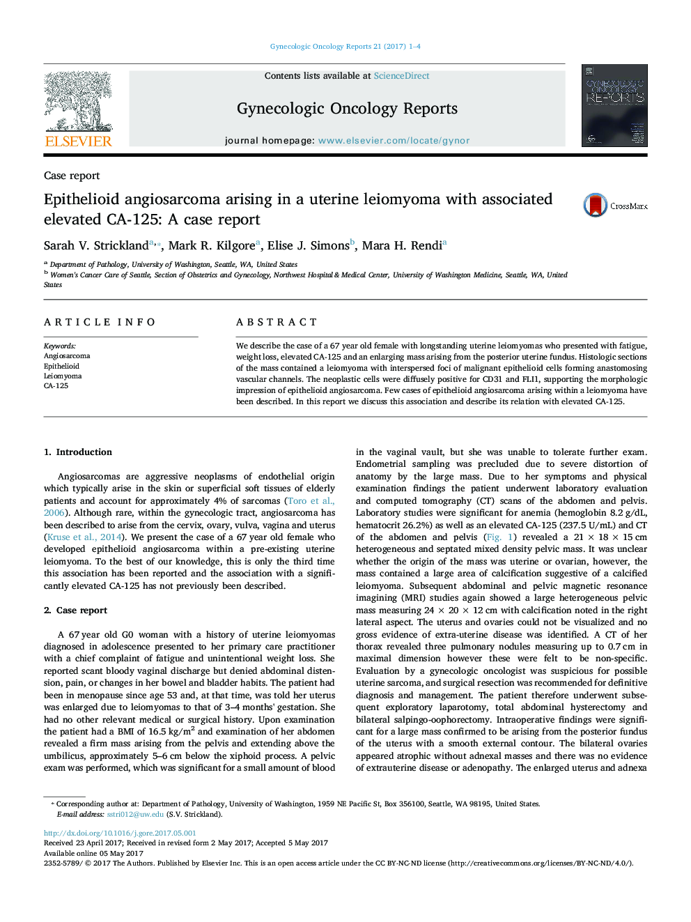 Epithelioid angiosarcoma arising in a uterine leiomyoma with associated elevated CA-125: A case report