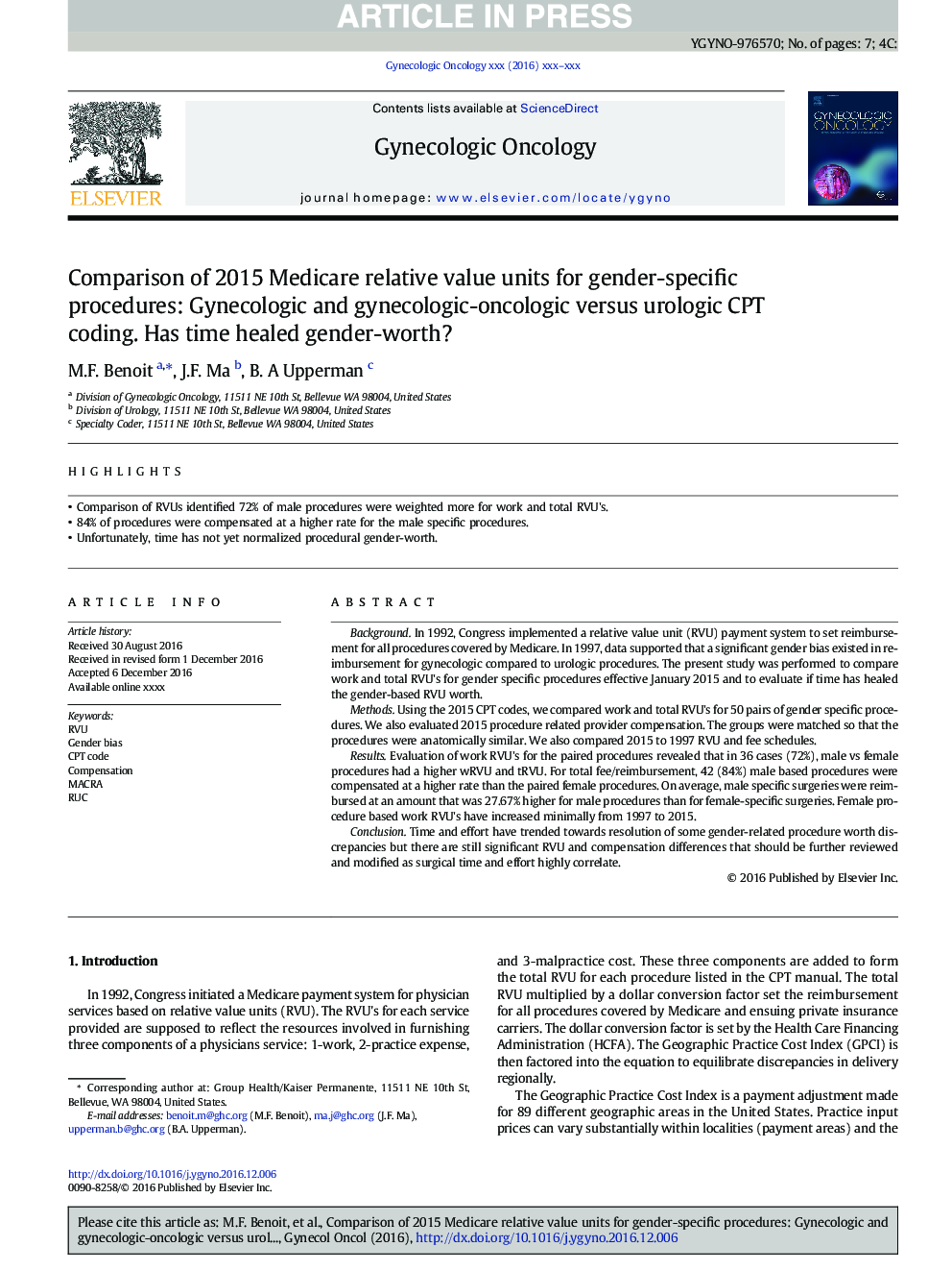 Comparison of 2015 Medicare relative value units for gender-specific procedures: Gynecologic and gynecologic-oncologic versus urologic CPT coding. Has time healed gender-worth?