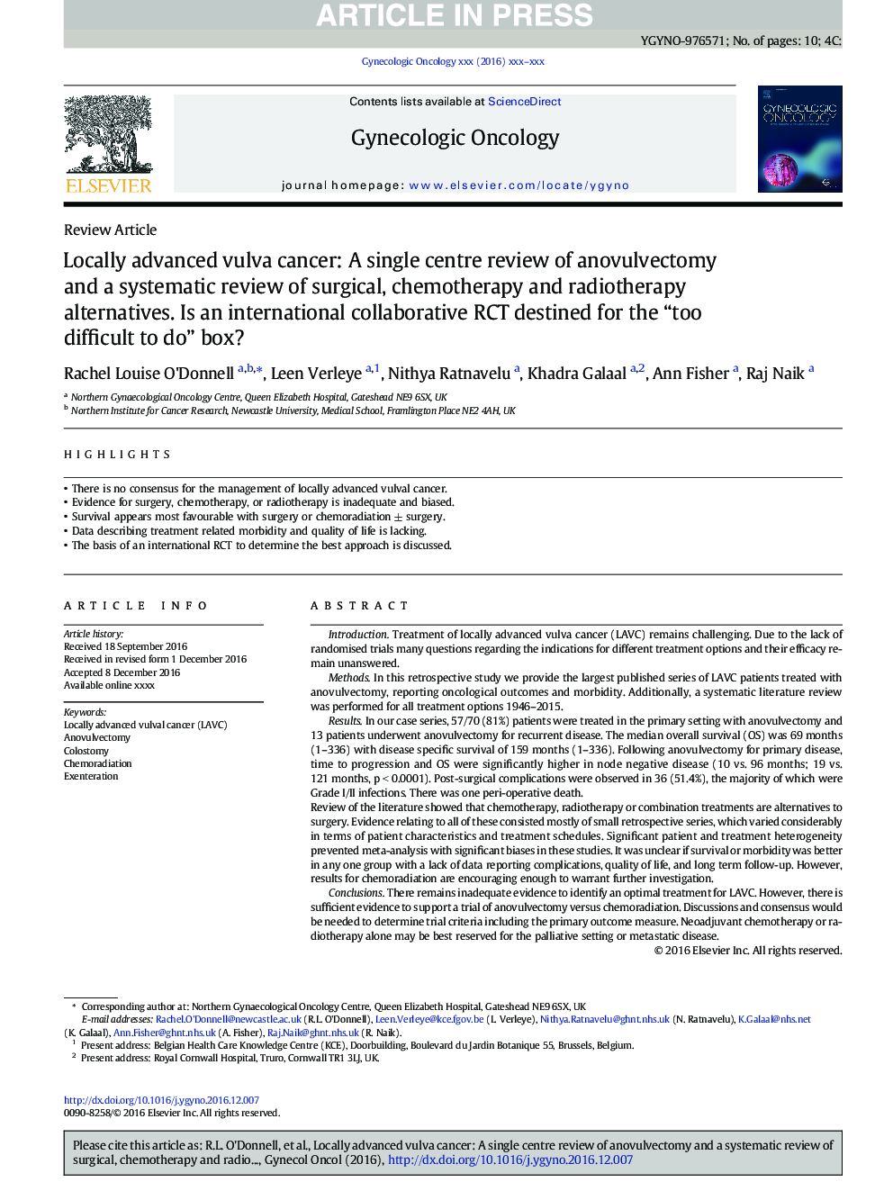 Locally advanced vulva cancer: A single centre review of anovulvectomy and a systematic review of surgical, chemotherapy and radiotherapy alternatives. Is an international collaborative RCT destined for the “too difficult to do” box?