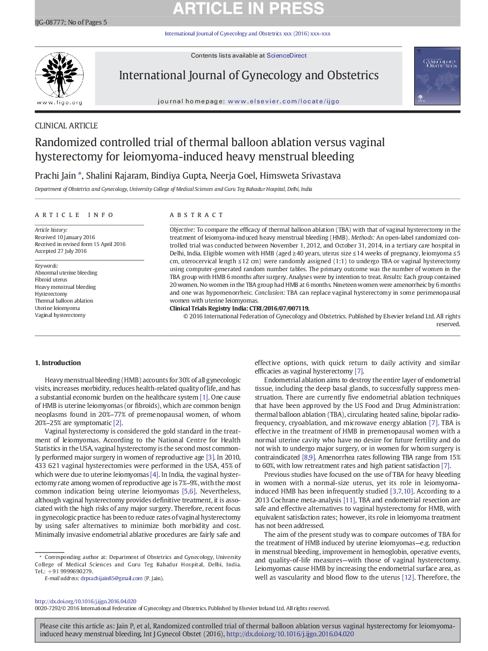 Randomized controlled trial of thermal balloon ablation versus vaginal hysterectomy for leiomyoma-induced heavy menstrual bleeding