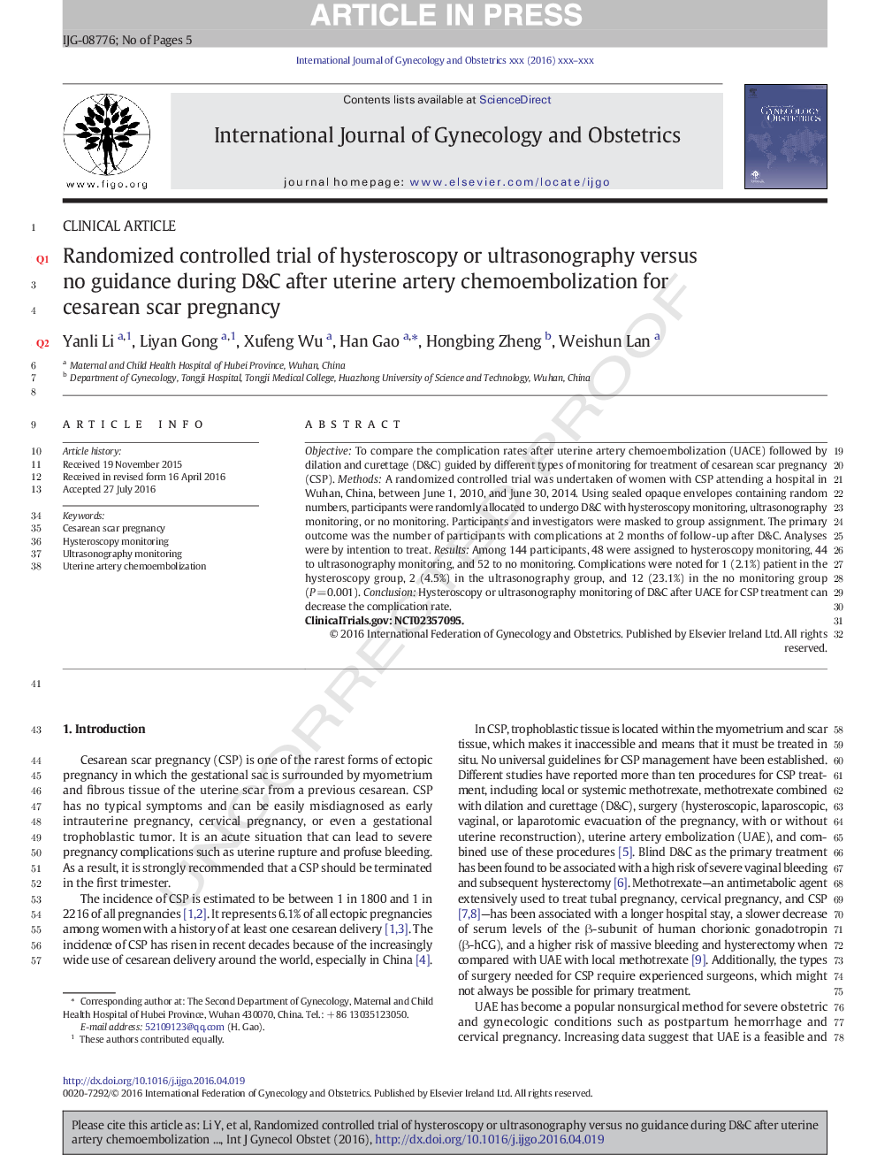 Randomized controlled trial of hysteroscopy or ultrasonography versus no guidance during D&C after uterine artery chemoembolization for cesarean scar pregnancy