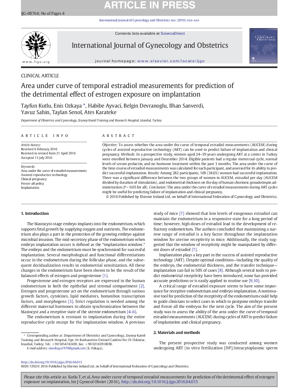 Area under curve of temporal estradiol measurements for prediction of the detrimental effect of estrogen exposure on implantation