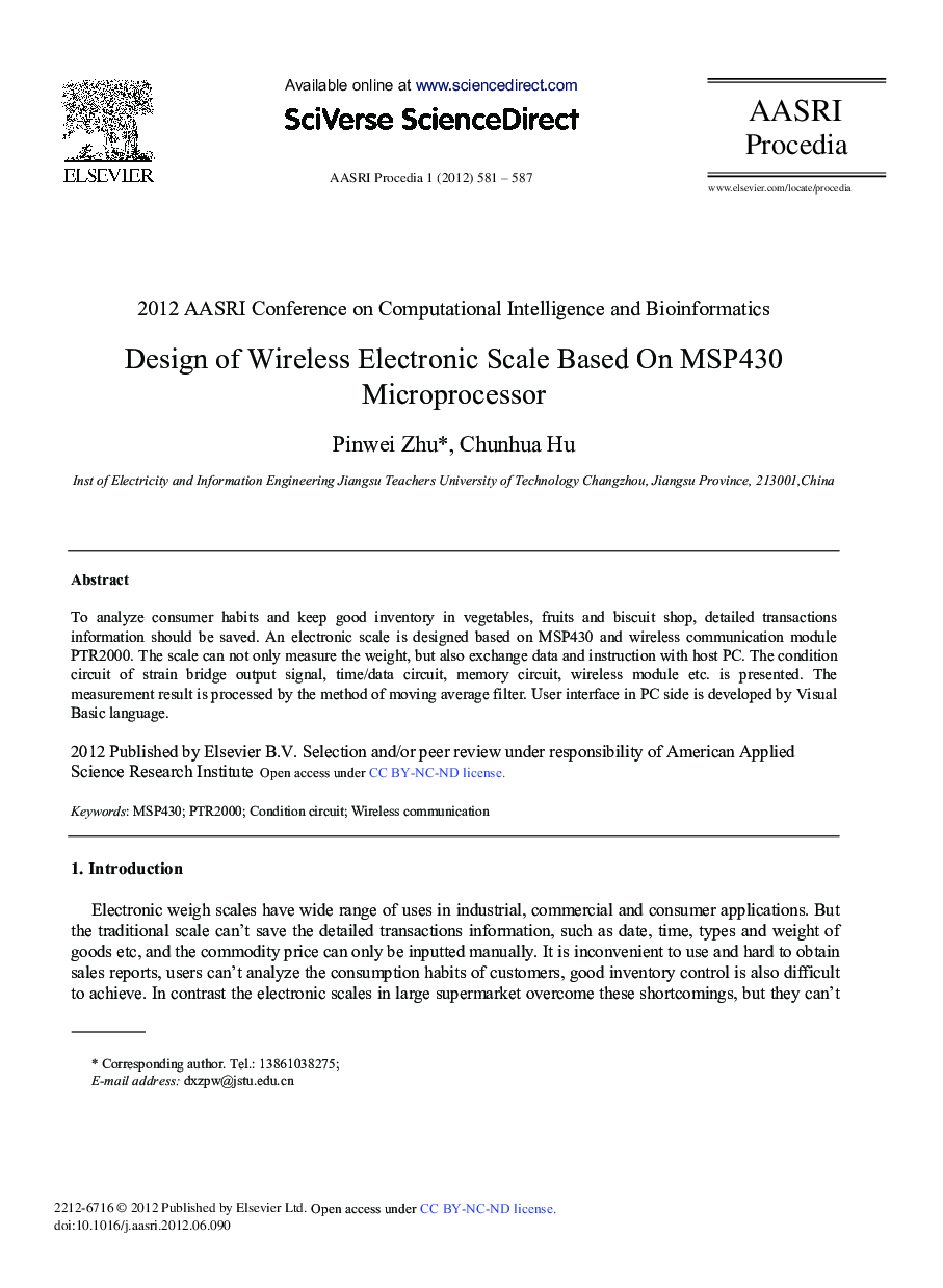 عکس صفحه اول مقاله: Design of Wireless Electronic Scale Based On MSP430 Microprocessor Design of Wireless Electronic Scale Based On MSP430 Microprocessor
