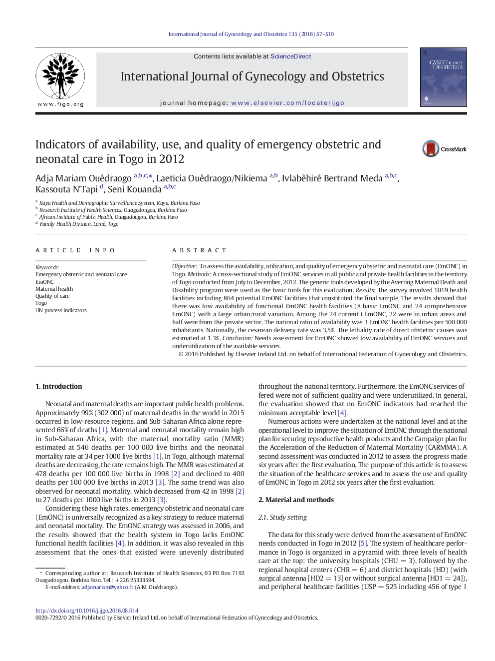 Indicators of availability, use, and quality of emergency obstetric and neonatal care in Togo in 2012