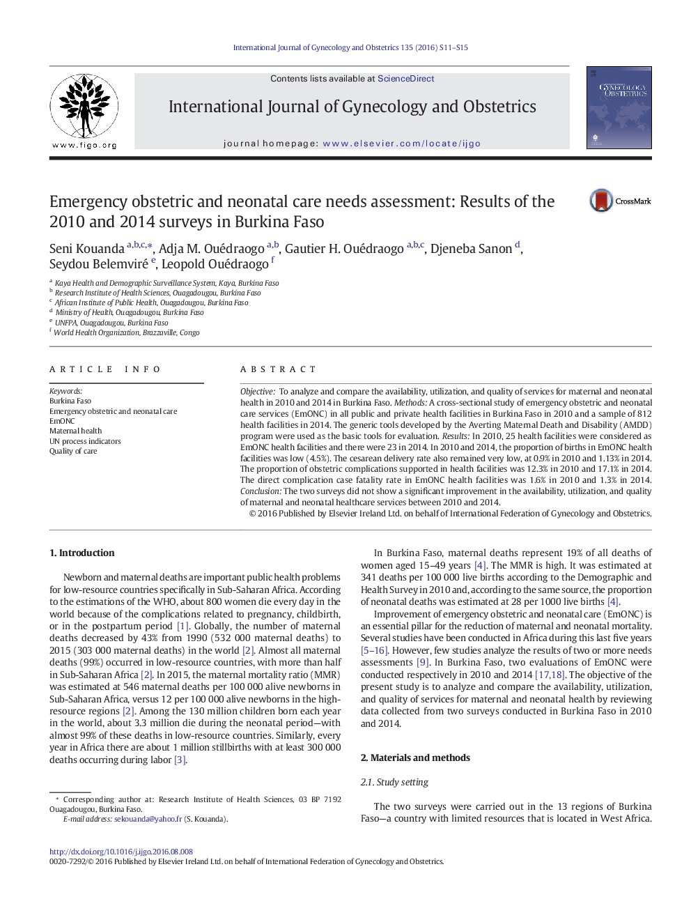 Emergency obstetric and neonatal care needs assessment: Results of the 2010 and 2014 surveys in Burkina Faso