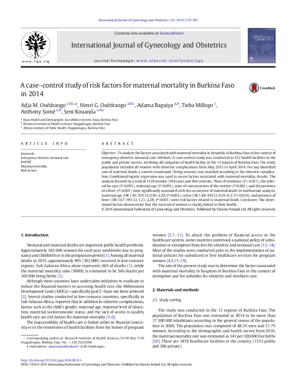 A case-control study of risk factors for maternal mortality in Burkina Faso in 2014