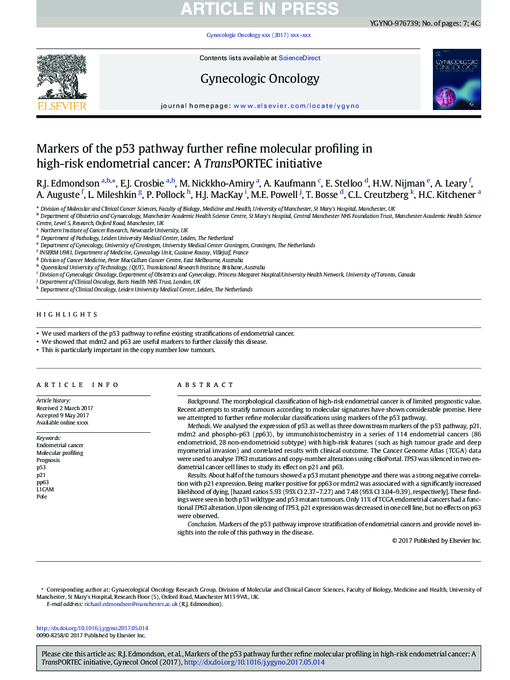 Markers of the p53 pathway further refine molecular profiling in high-risk endometrial cancer: A TransPORTEC initiative