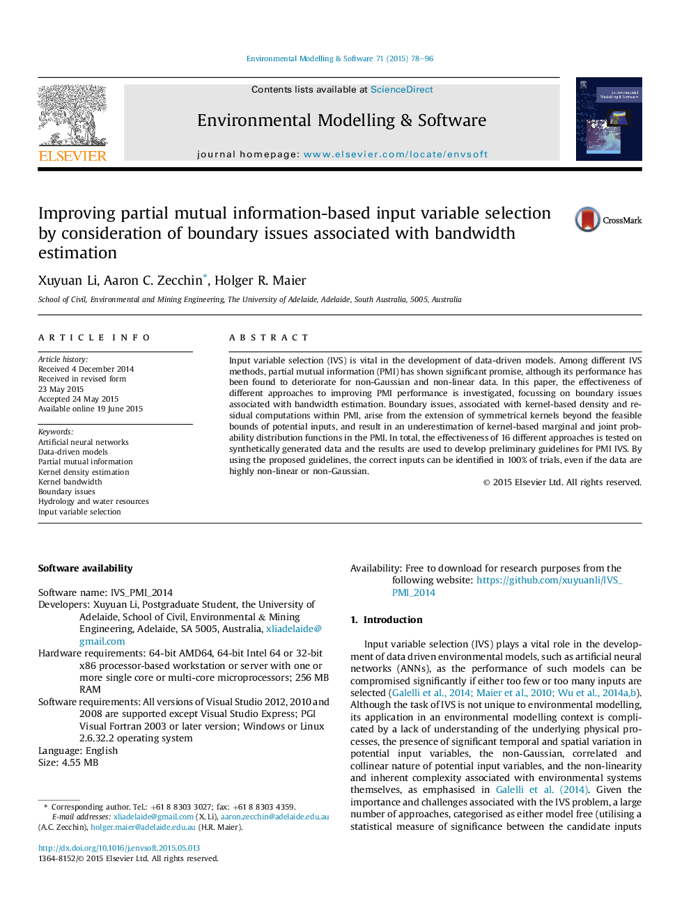 Improving partial mutual information-based input variable selection by consideration of boundary issues associated with bandwidth estimation