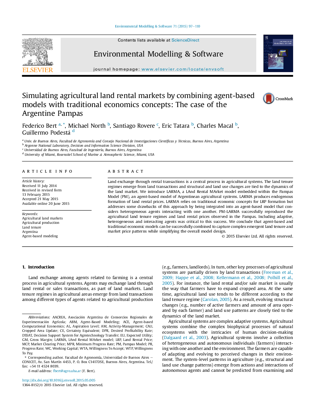 Simulating agricultural land rental markets by combining agent-based models with traditional economics concepts: The case of the Argentine Pampas