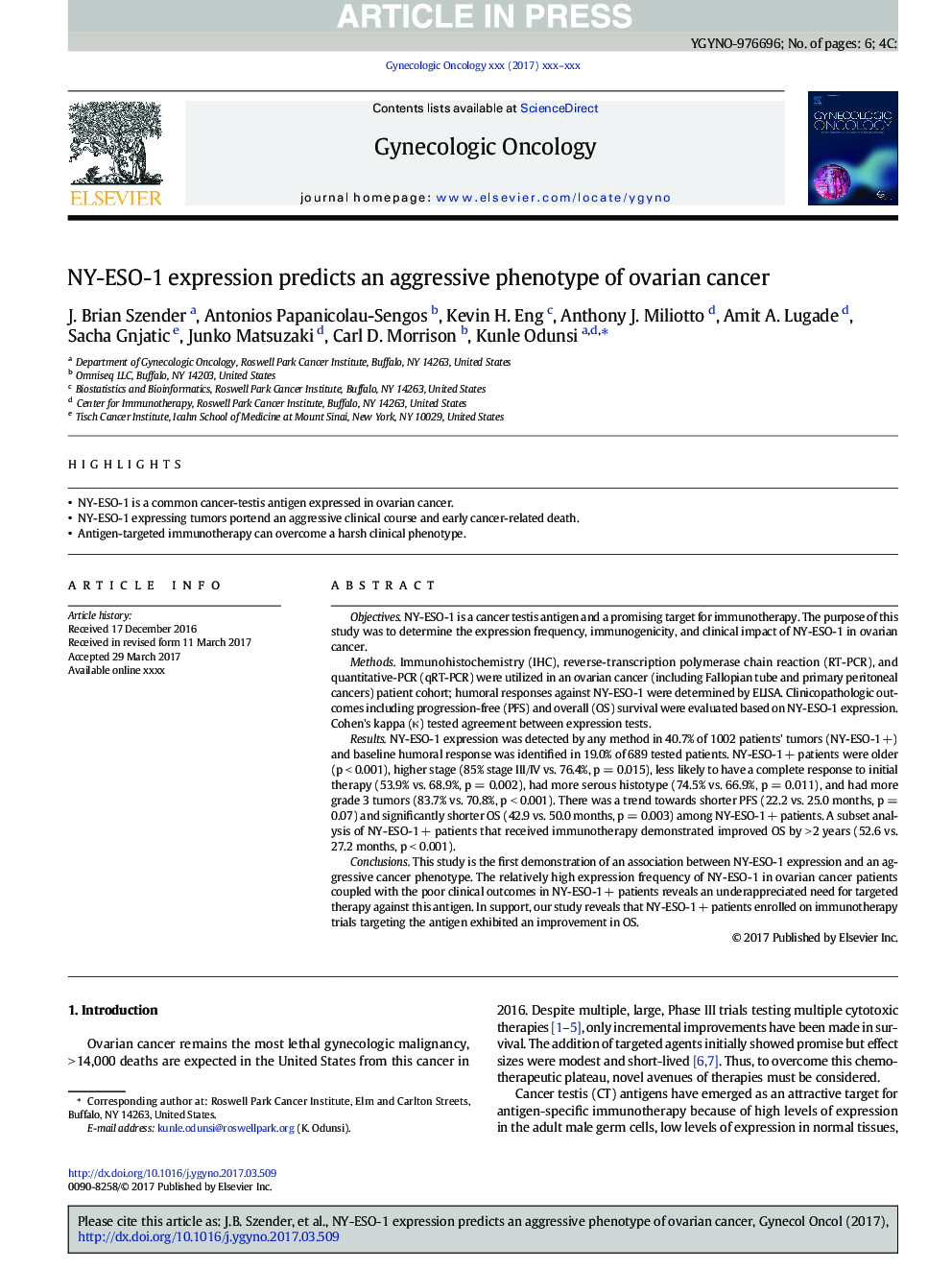 NY-ESO-1 expression predicts an aggressive phenotype of ovarian cancer