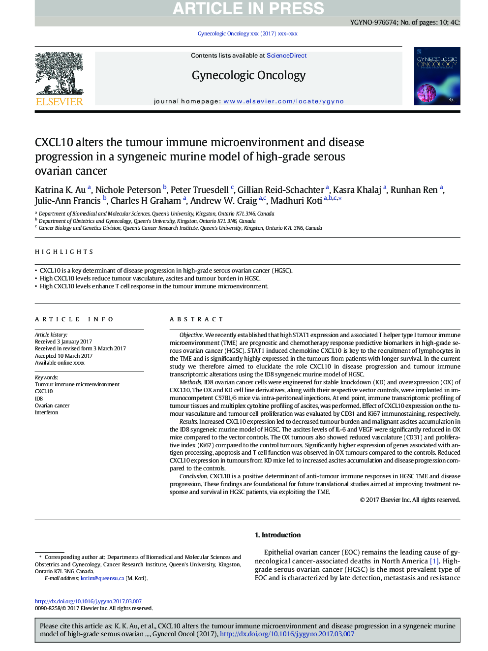 CXCL10 alters the tumour immune microenvironment and disease progression in a syngeneic murine model of high-grade serous ovarian cancer