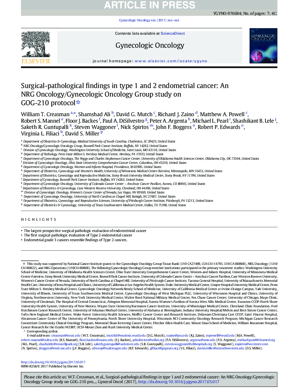 Surgical-pathological findings in type 1 and 2 endometrial cancer: An NRG Oncology/Gynecologic Oncology Group study on GOG-210 protocol