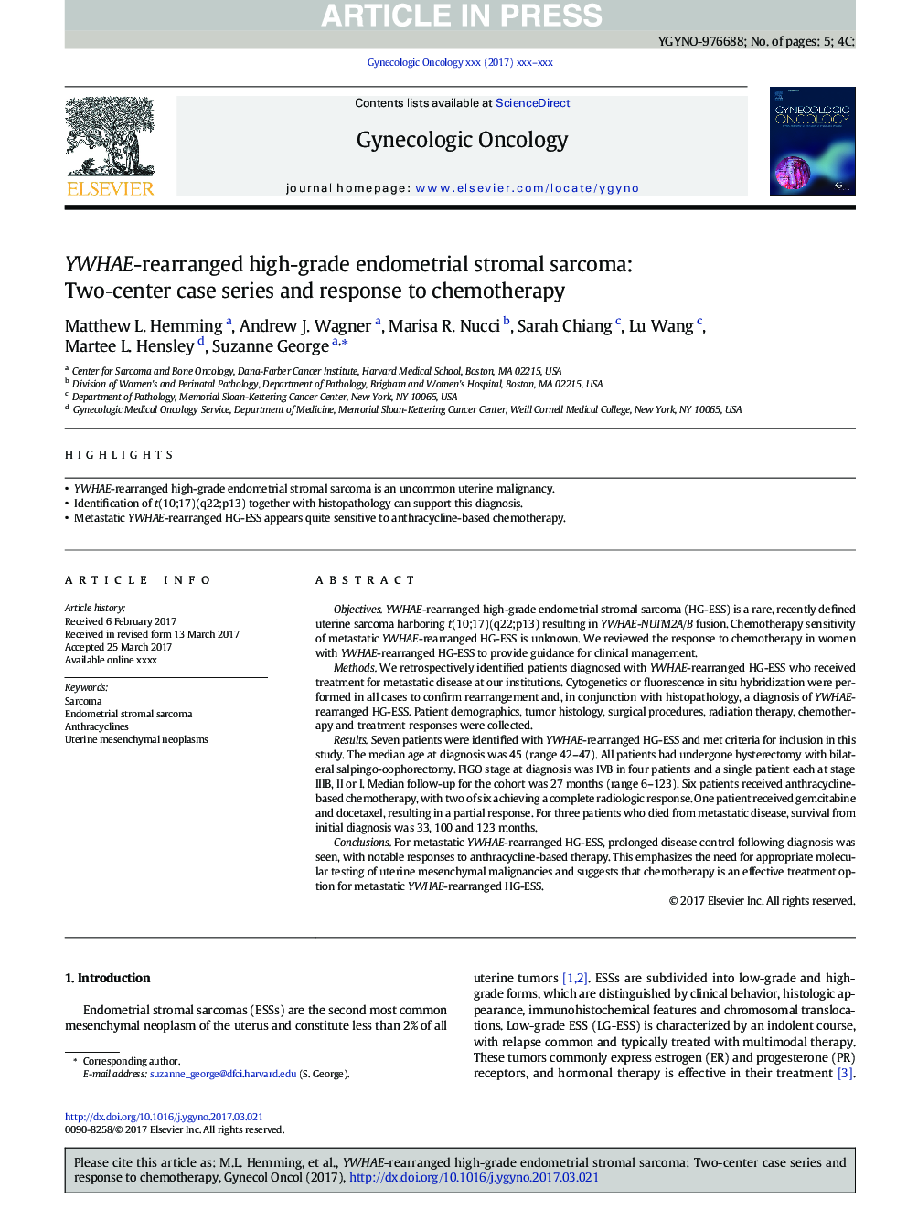 YWHAE-rearranged high-grade endometrial stromal sarcoma: Two-center case series and response to chemotherapy