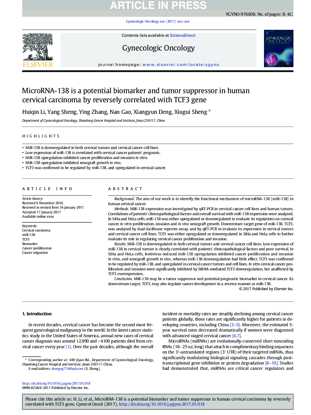 MicroRNA-138 is a potential biomarker and tumor suppressor in human cervical carcinoma by reversely correlated with TCF3 gene