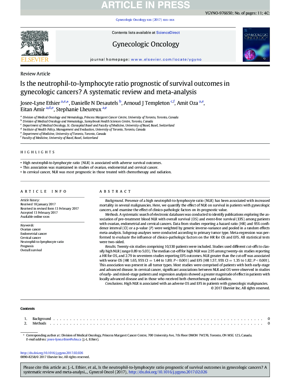 Is the neutrophil-to-lymphocyte ratio prognostic of survival outcomes in gynecologic cancers? A systematic review and meta-analysis