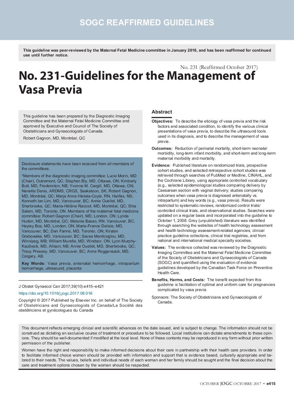 No. 231-Guidelines for the Management of Vasa Previa