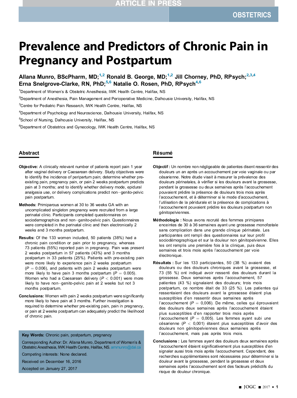 Prevalence and Predictors of Chronic Pain in Pregnancy and Postpartum