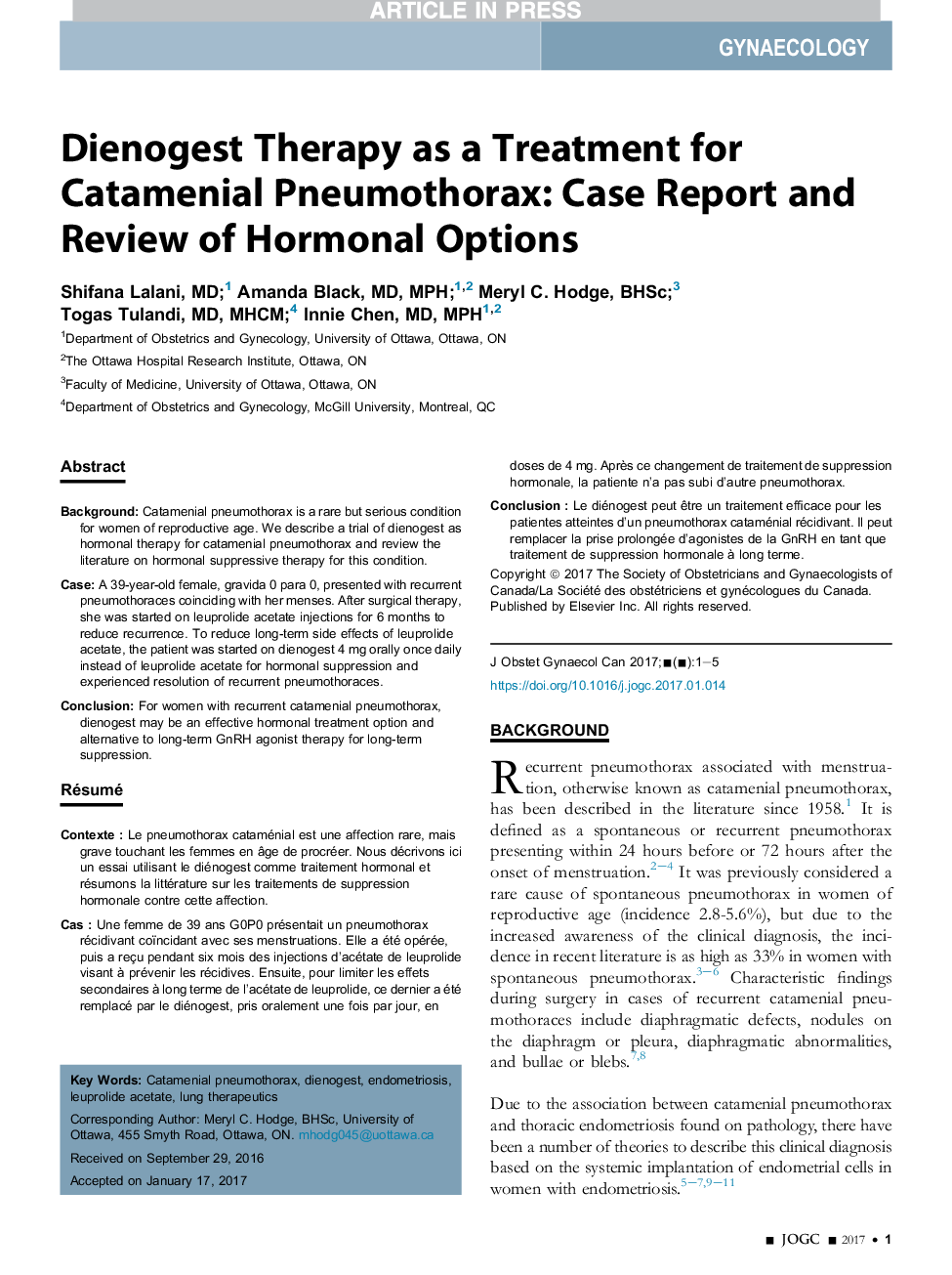 Dienogest Therapy as a Treatment for Catamenial Pneumothorax: Case Report and Review of Hormonal Options