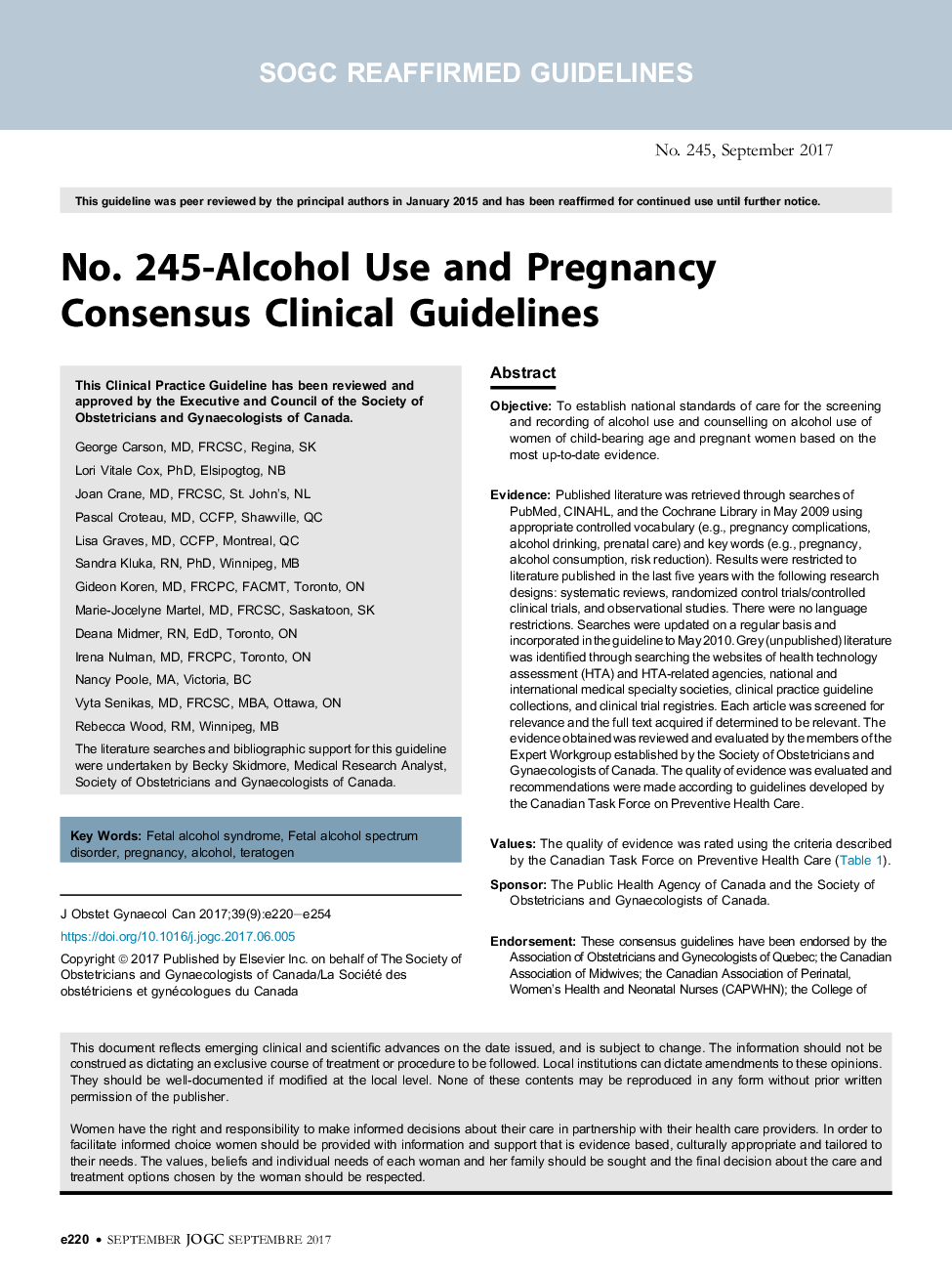 No. 245-Alcohol Use and Pregnancy Consensus Clinical Guidelines